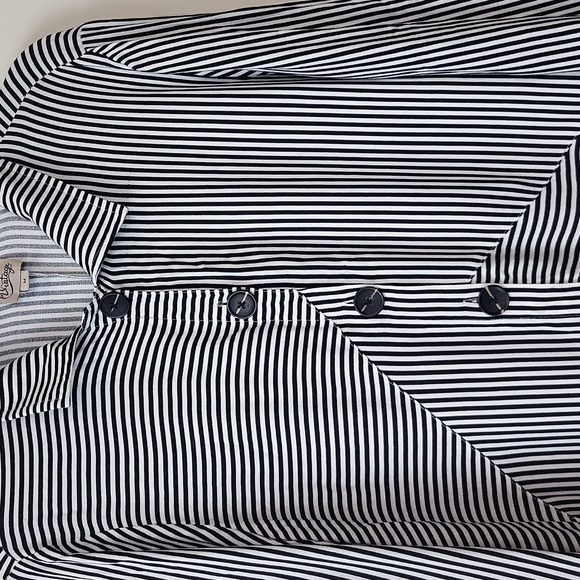 COMO VINTAGE Black White Stripe Lagenlook Roll-Tab Button Down Blouse - Picture 3 of 13